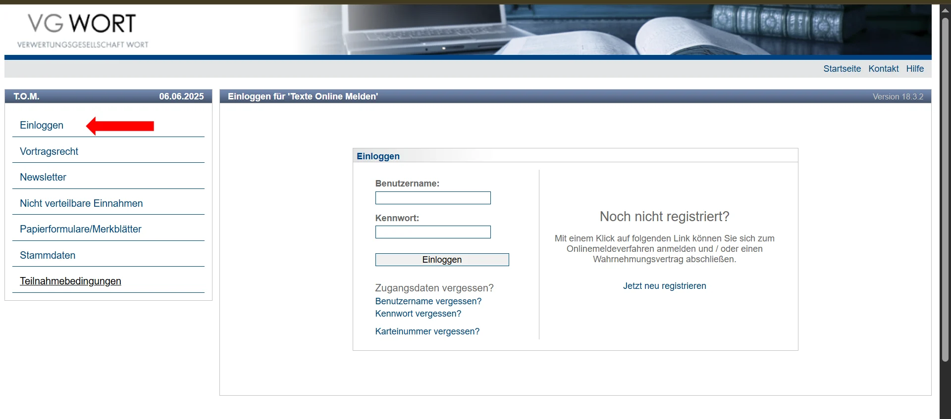 Bild 1: Feld zum einloggen auf Texte Online Medien, Screenshot vom 06.06.25
