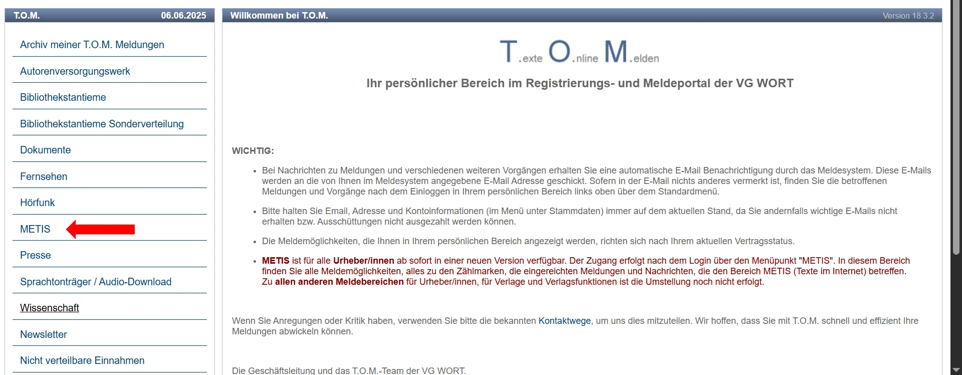Bild 2: Eingeloggte Menü-Ansicht im Texte Online Medien Portal, Screenshot vom 06.06.25