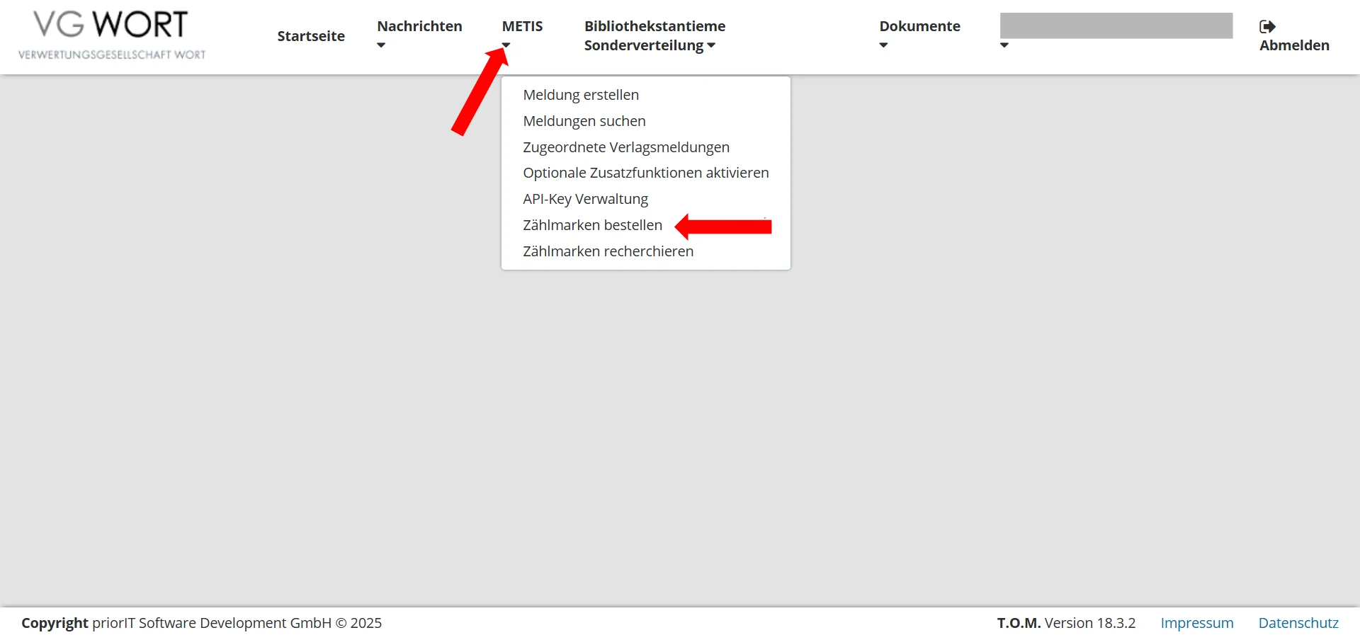 Bild 3: METIS-Ansicht im Texte Online Medien Portal. Wähle den Punkt Zählmarken bestellen aus. Screenshot vom 06.06.25