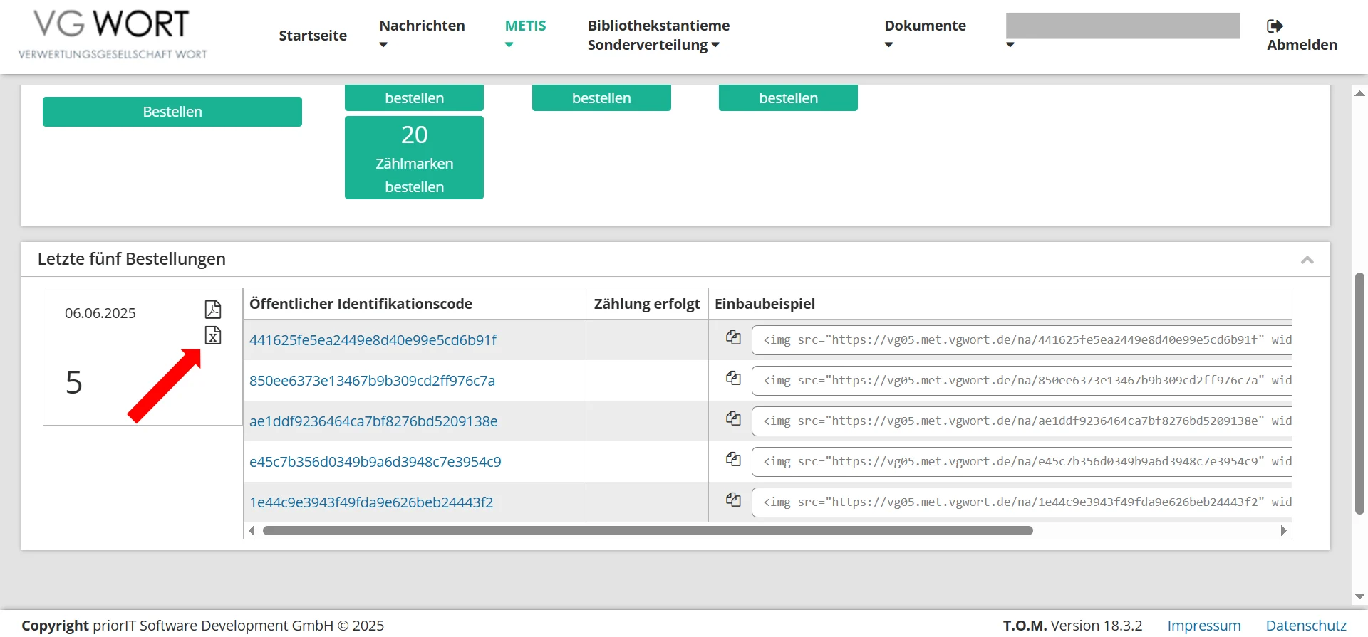 Bild 5: Zählmarken exportieren. Klicke auf das Excel-Symbol und exportiere die Zählmarken als CSV für leichtere Handhabung in WordPress. Screenshot vom 06.06.25